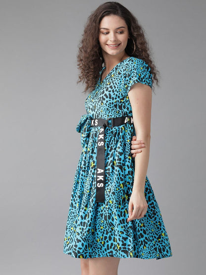 Women's  Blue & Black Leopard Print A-Line Dress with Pouch