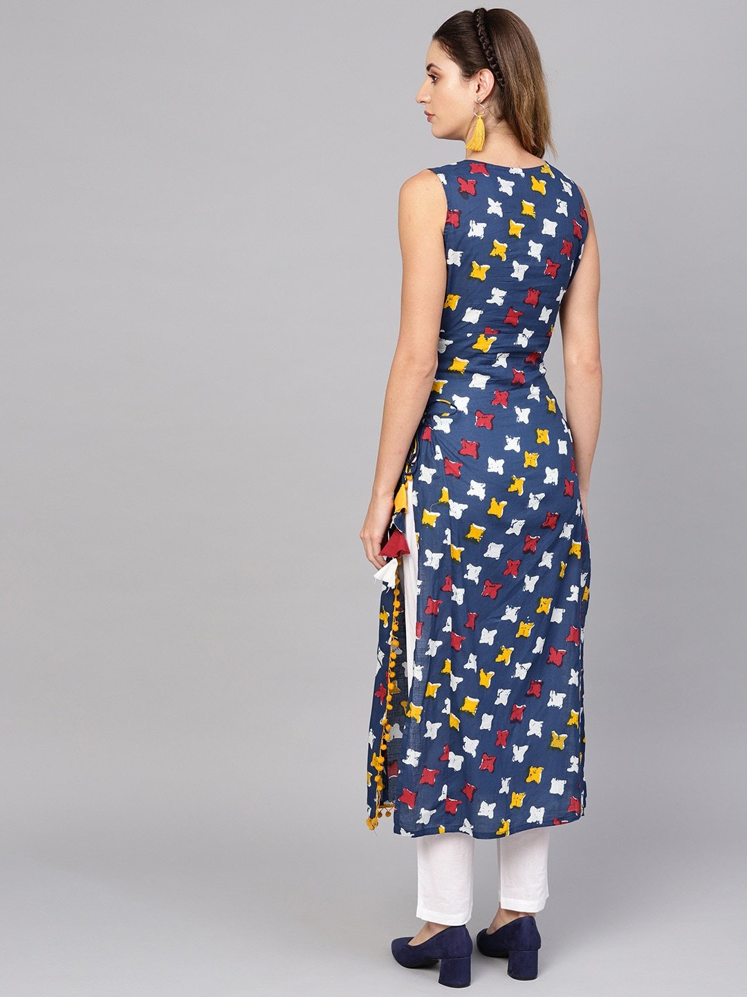 Women's  Navy Blue & Off-White Printed Straight Kurta