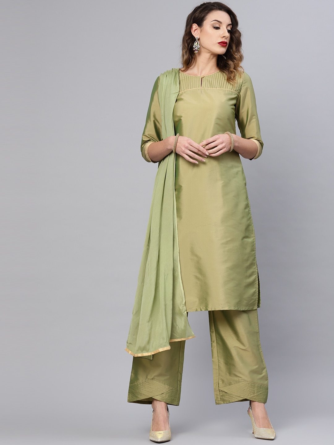 Women's  Olive Green Solid Kurta with Palazzos & Dupatta