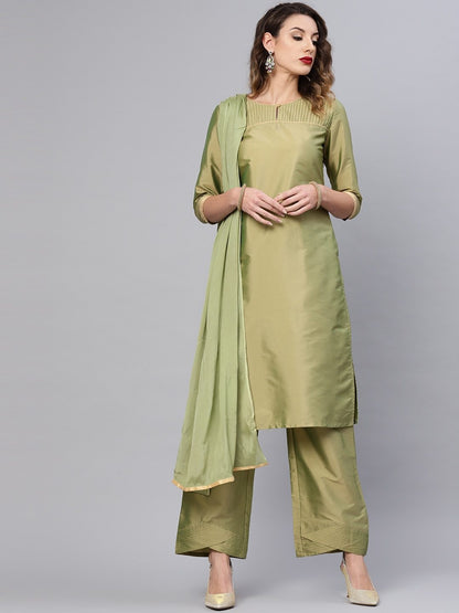 Women's  Olive Green Solid Kurta with Palazzos & Dupatta