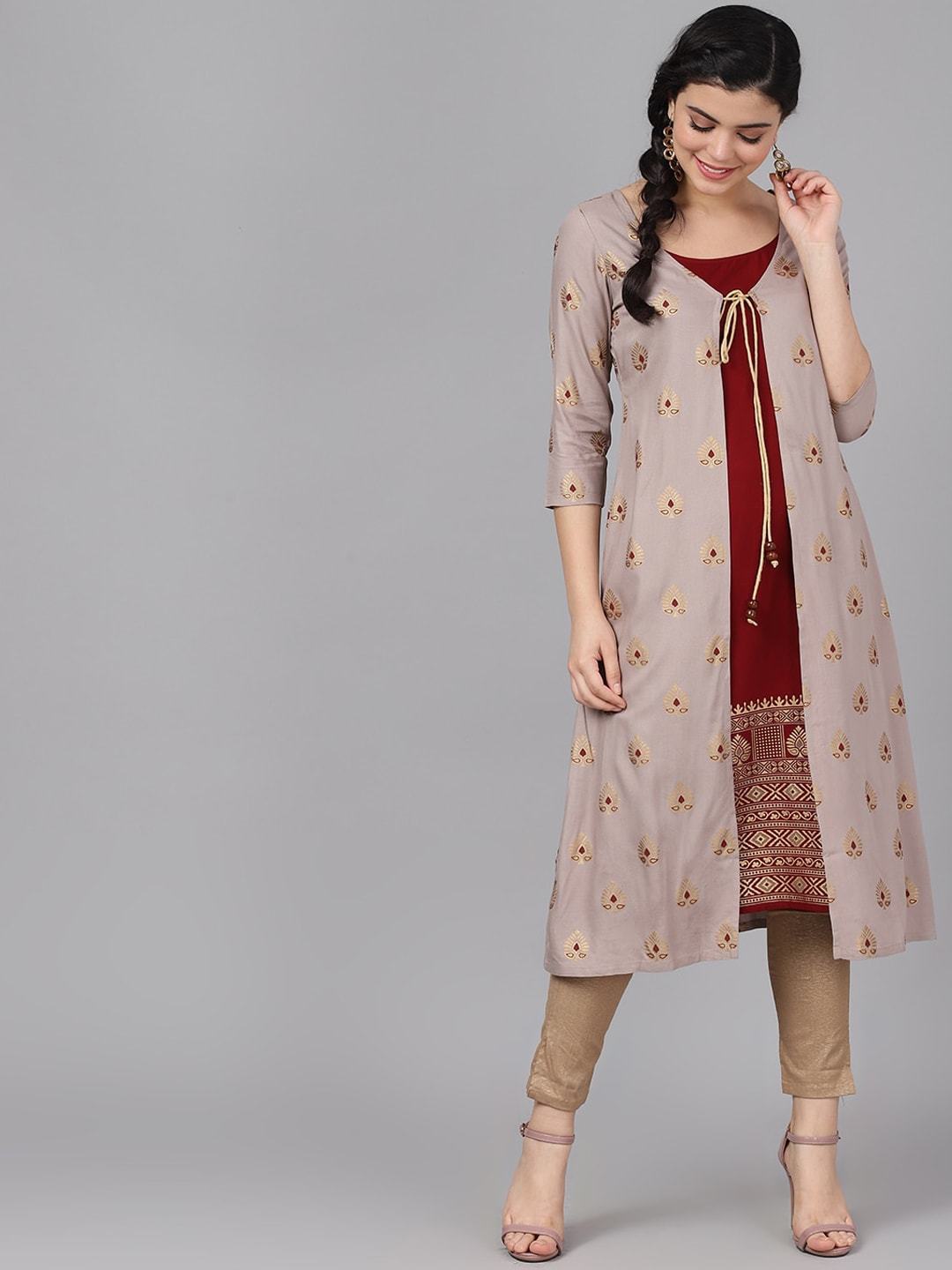 Women's  Maroon & Gold-Coloured Printed A-Line Kurta