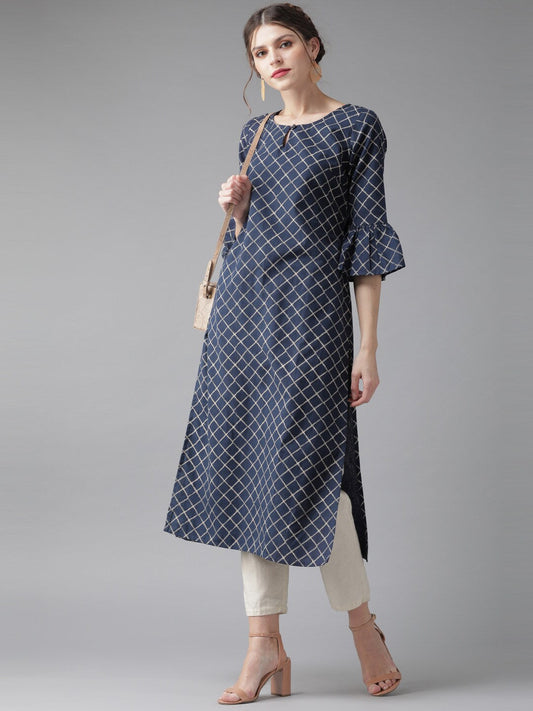 Women's Navy Blue Checked Kurta