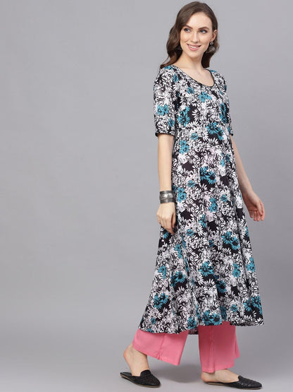 Women's  Blue & Pink Printed Made To Measure Kurta with Palazzos & Dupatta
