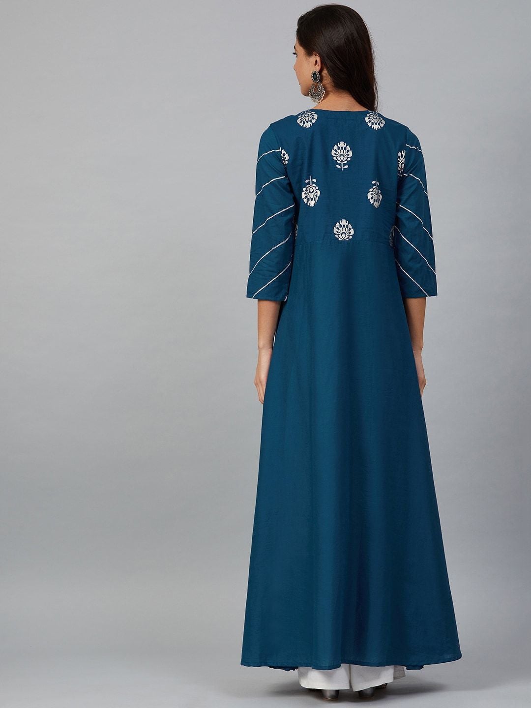 Women's Teal Blue & Silver-Toned Printed Anarkali Kurta