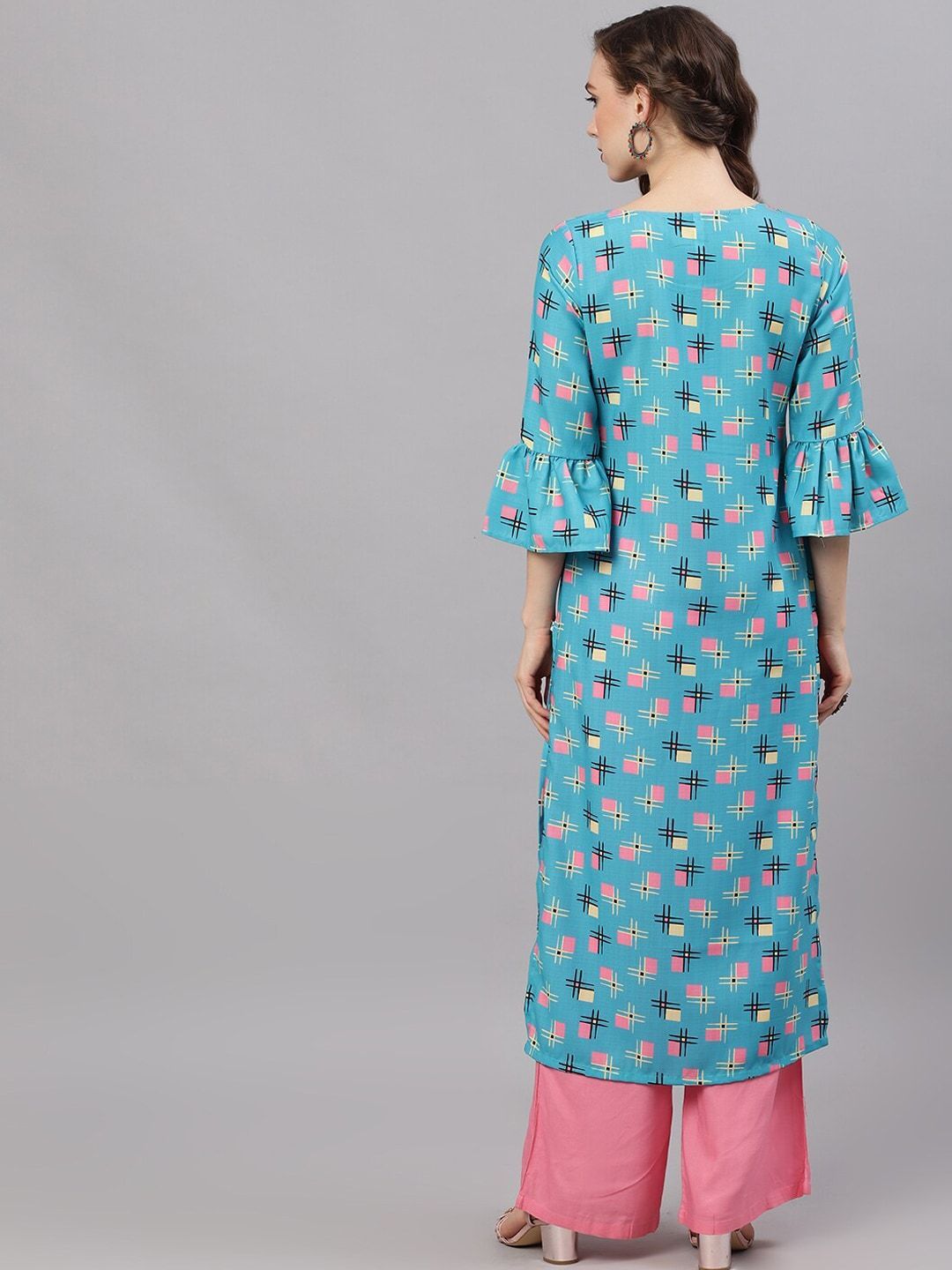 Women's  Blue & Pink Printed Straight Kurta