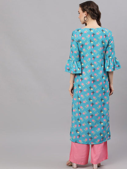 Women's  Blue & Pink Printed Straight Kurta