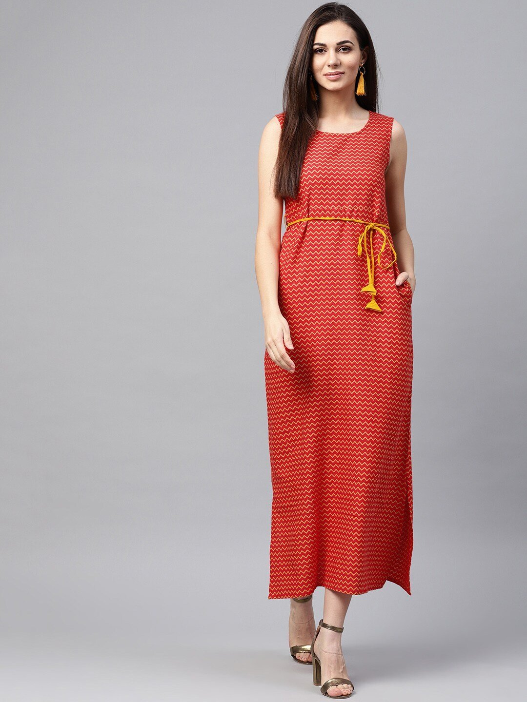 Women's  Red & Mustard Yellow Maxi Dress
