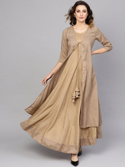 Women's  Beige & Blue Checked Maxi Dress