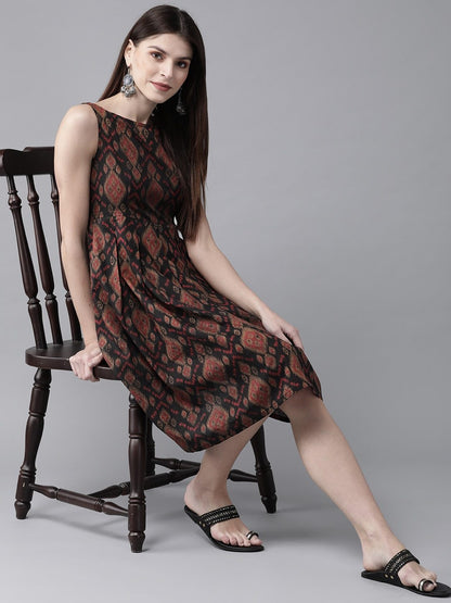 Women's  Black & Maroon Printed A-Line Dress
