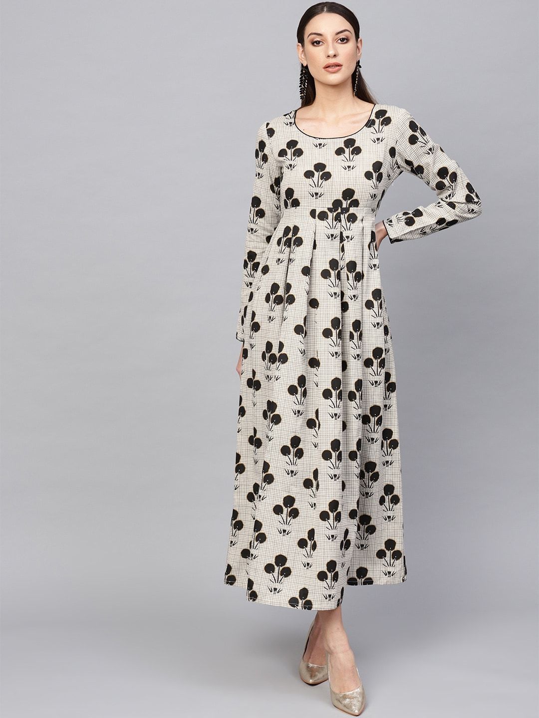 Women's  Off-White & Black Printed Maxi Dress