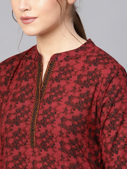 Women's  Maroon & Black Printed Kurta with Trousers