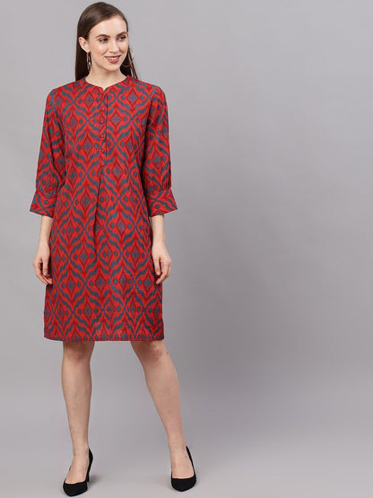 Women's  Red Ikat Printed A-Line Dress