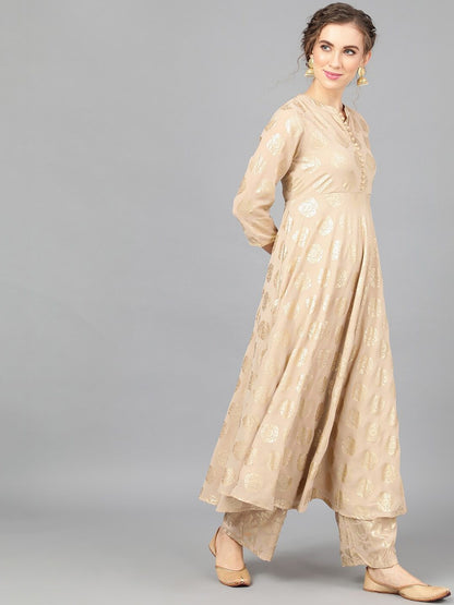 Women's  Beige & Gold-Coloured Printed Anarkali Kurta