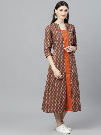 Women's  Brown Printed A-Line Dress