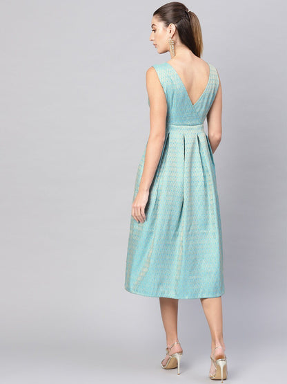 Women's  Blue & Golden Jacquard Midi Fit & Flare Dress