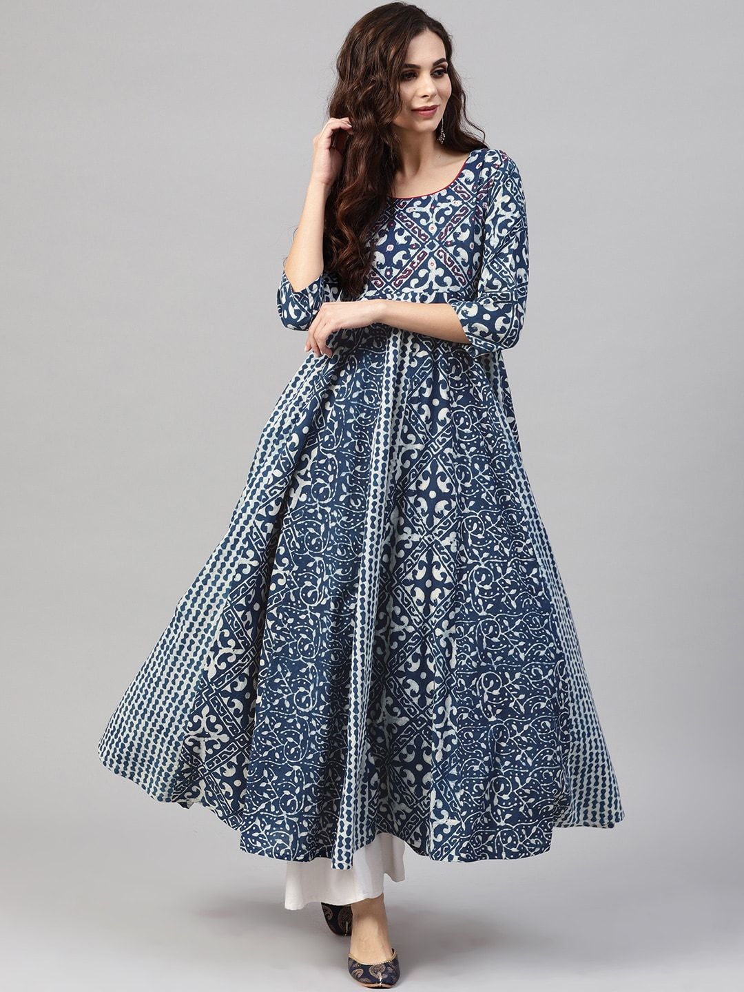 Women's  Blue & White Printed Anarkali Kurta