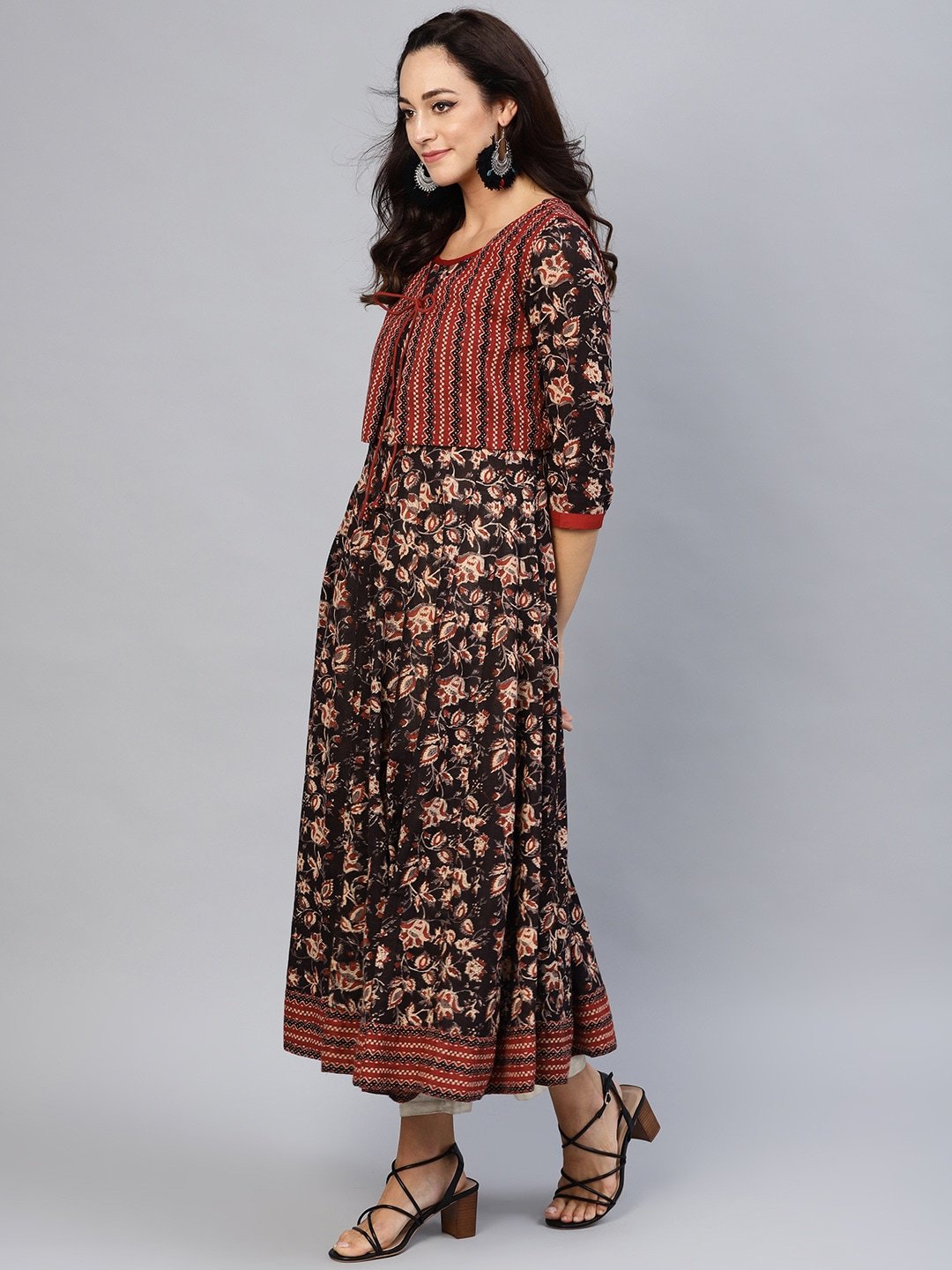 Women's  Coffee Brown & Maroon Printed Anarkali Kurta with Ethnic Jacket