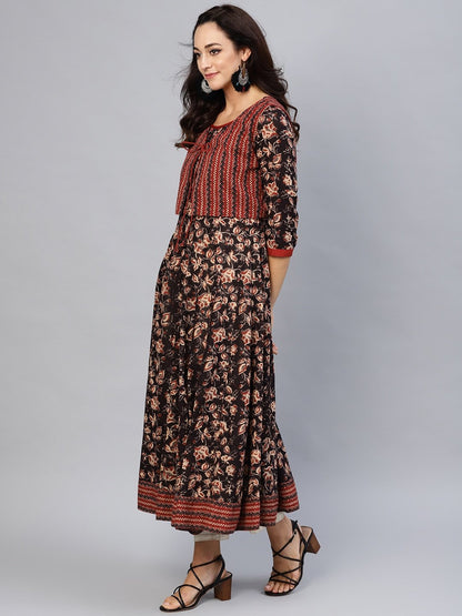 Women's  Coffee Brown & Maroon Printed Anarkali Kurta with Ethnic Jacket