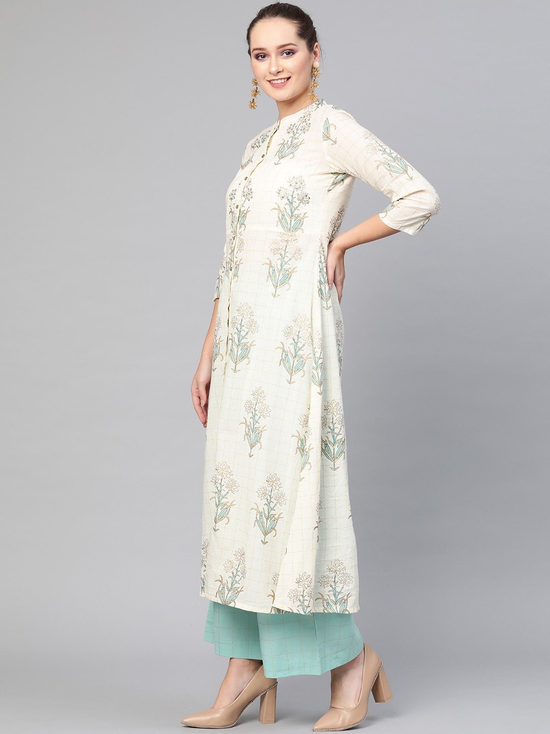Women's  Cream-Coloured & Sea Green Printed Kurta with Palazzos