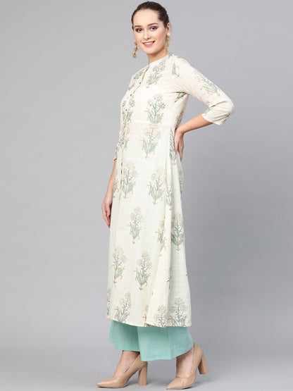 Women's  Cream-Coloured & Sea Green Printed Kurta with Palazzos