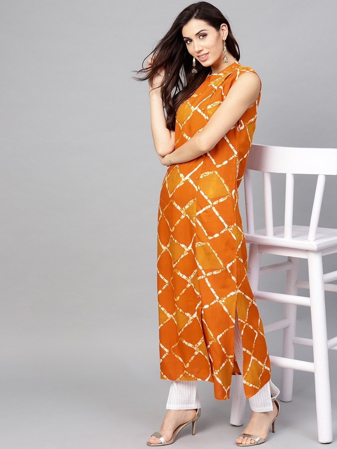 Women's  Orange & Mustard Yellow Checked Straight Kurta