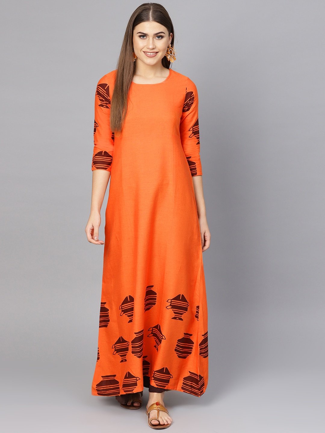 Women's  Orange & Brown Printed A-Line Kurta