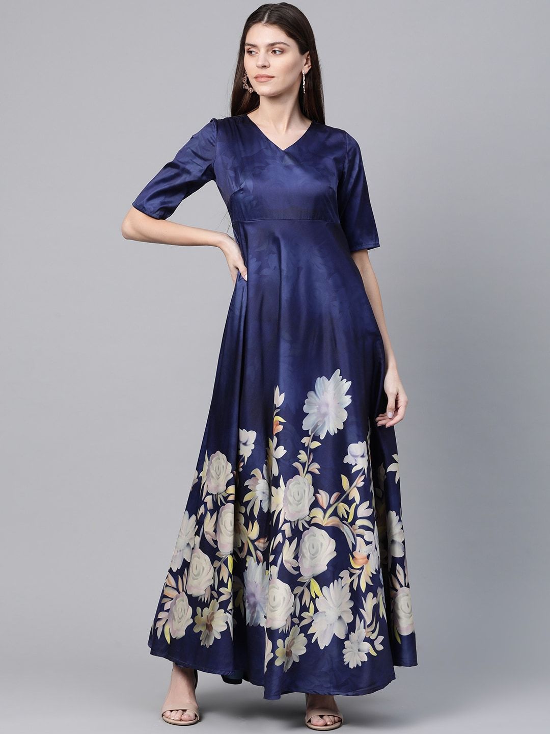 Women's  Navy Blue & White Digital Floral Print Maxi Dress