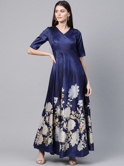 Women's  Navy Blue & White Digital Floral Print Maxi Dress