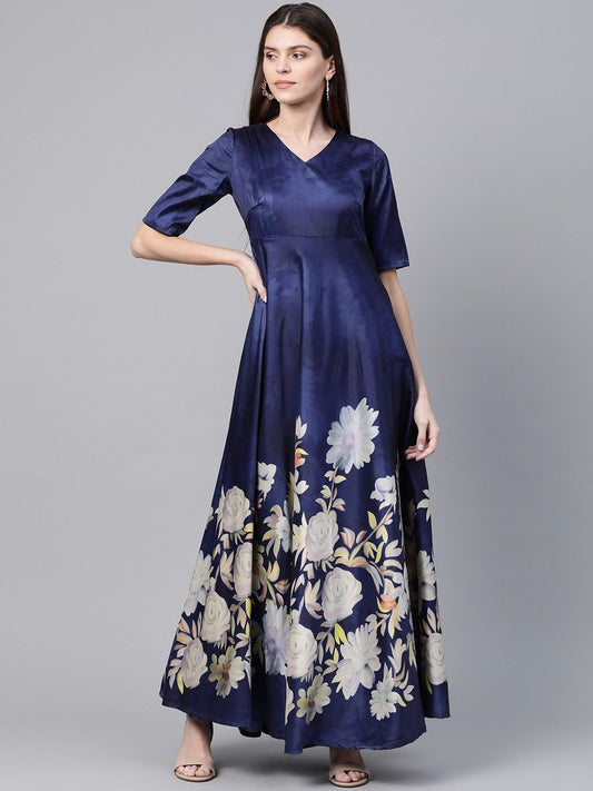 Women's  Navy Blue & White Digital Floral Print Maxi Dress