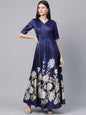 Women's  Navy Blue & White Digital Floral Print Maxi Dress