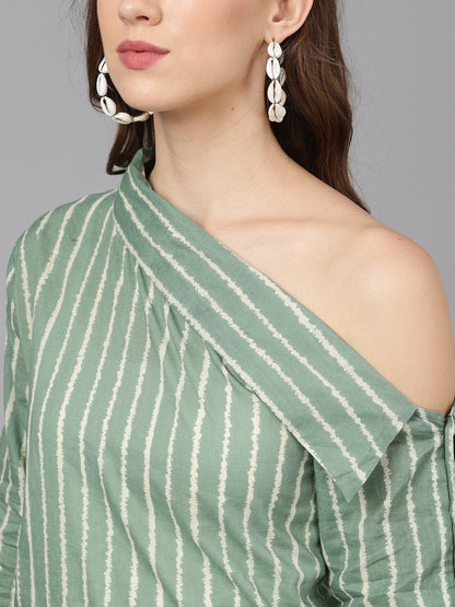 Women's  Green & Off-White Striped Straight Kurta
