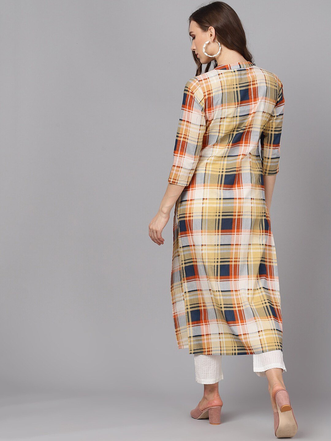 Women's  Yellow & Blue Checked Straight Kurta