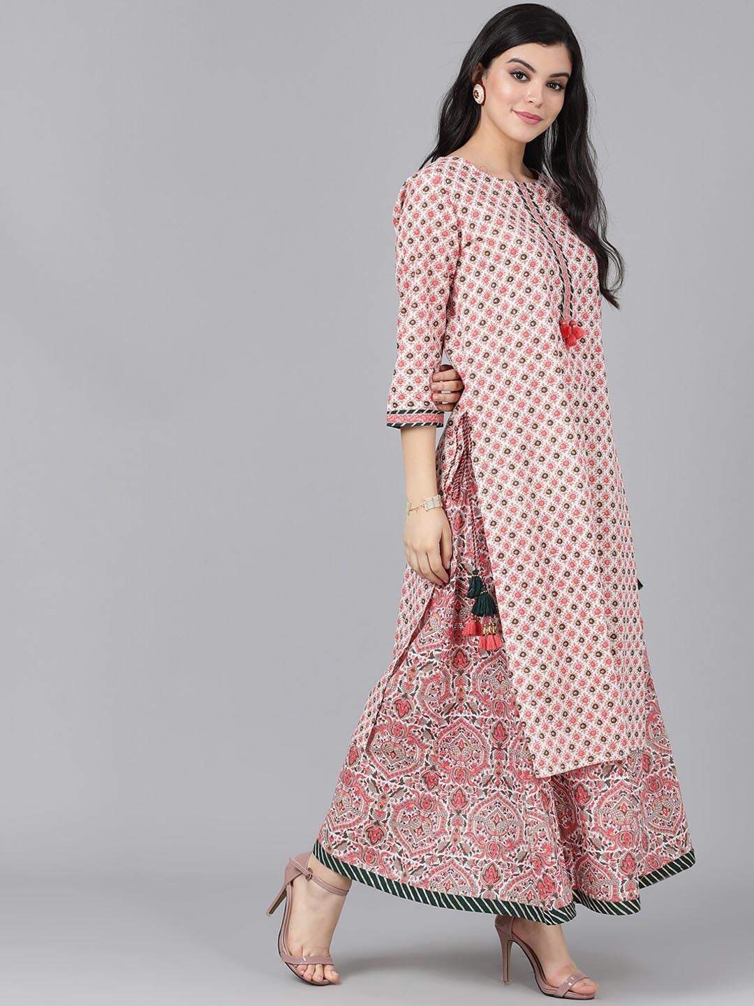 Women's  Peach-Coloured & Grey Printed Kurta with Skirt & Dupatta