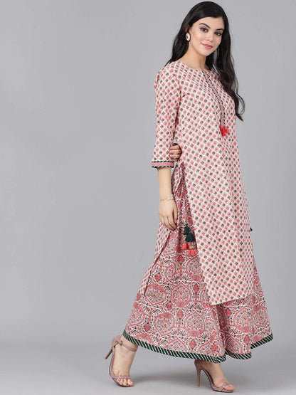 Women's  Peach-Coloured & Grey Printed Kurta with Skirt & Dupatta