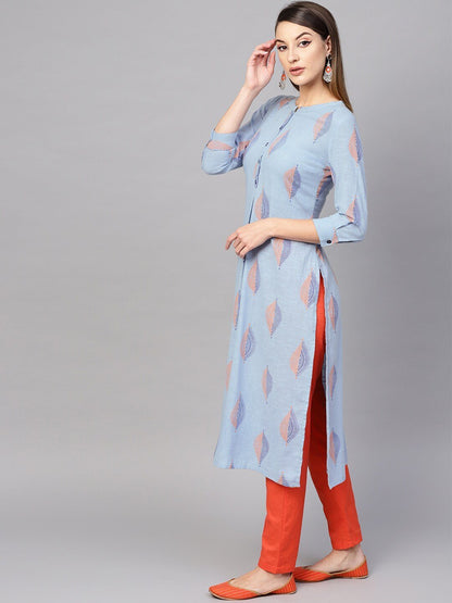 Women's  Blue & Orange Printed Straight Kurta