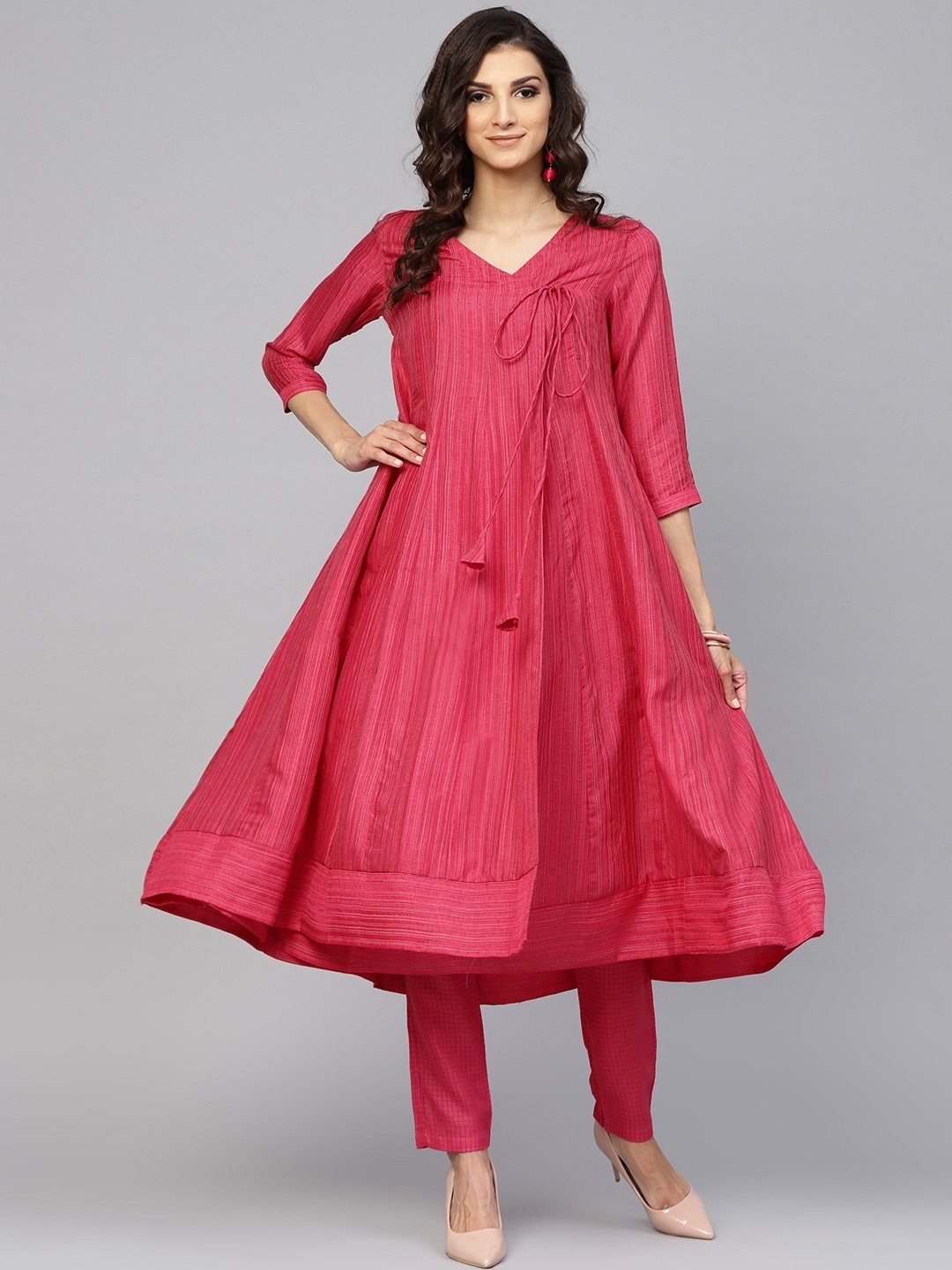 Women's  Pink Striped Angrakha A-Line Kurta