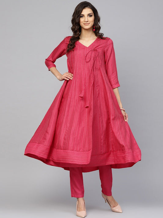 Women's  Pink Striped Angrakha A-Line Kurta