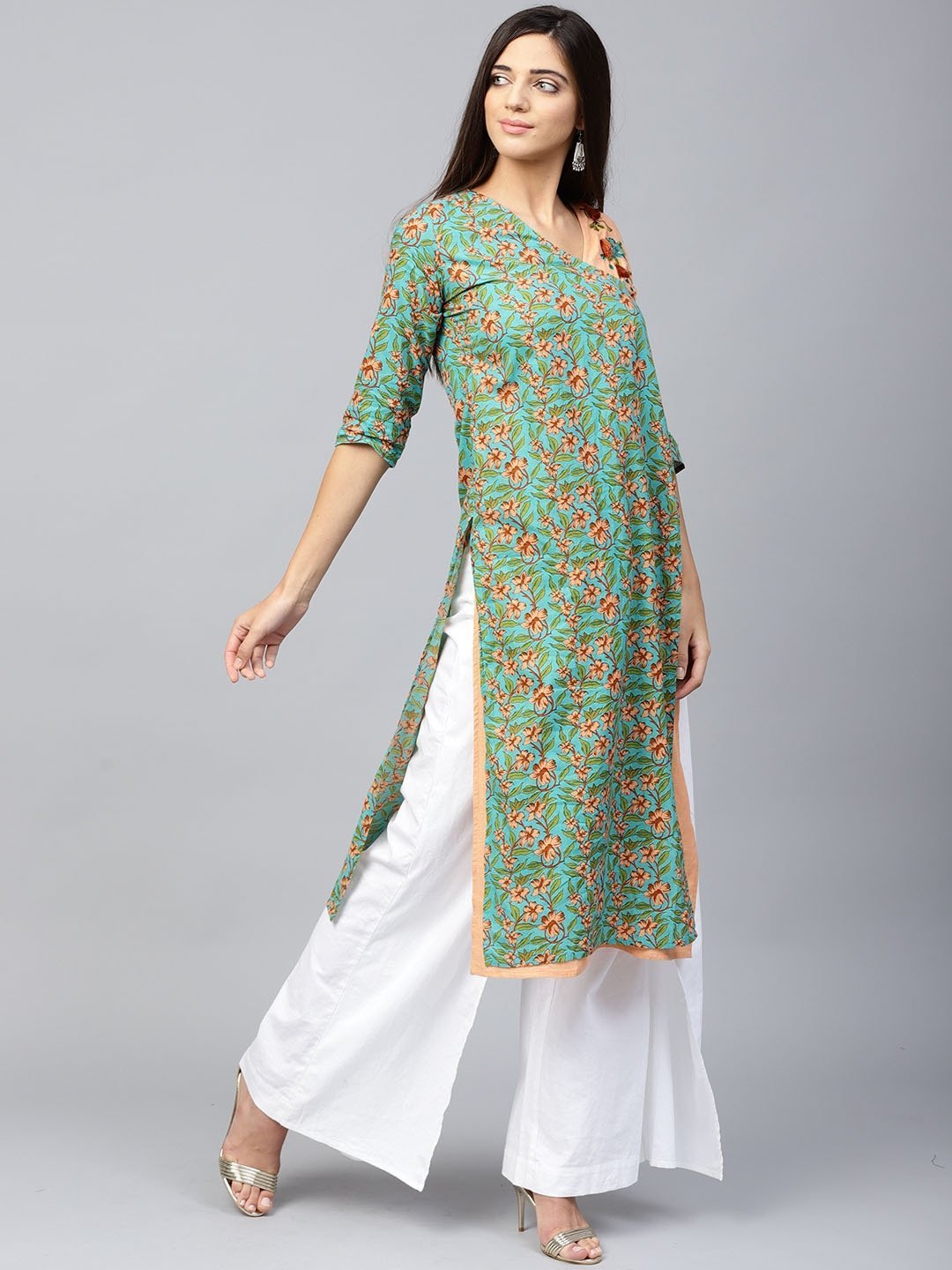 Women's Green & Peach Printed Kurta