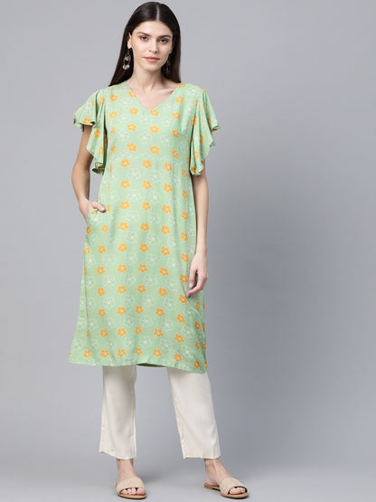 Women's  Green & Mustard Yellow Floral Printed Flutter Sleeves Long Tunic