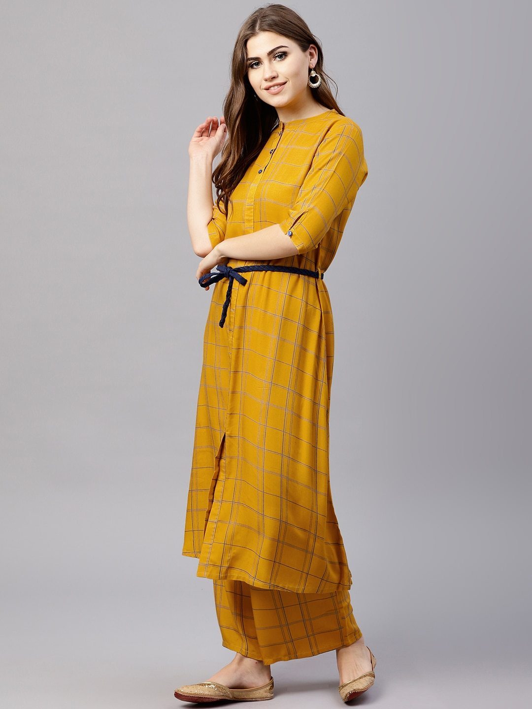 Women's  Mustard Yellow Checked A-Line Kurta