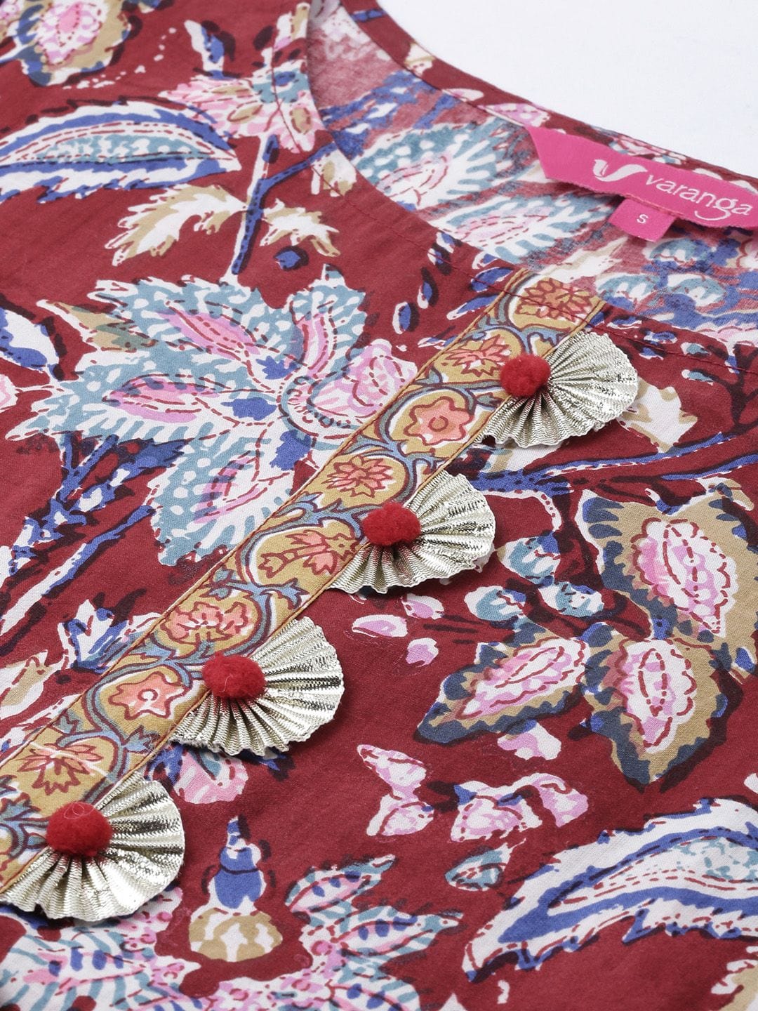 Women's Maroon & Blue Floral Printed Straight Kurta With Gotta Patti Detail