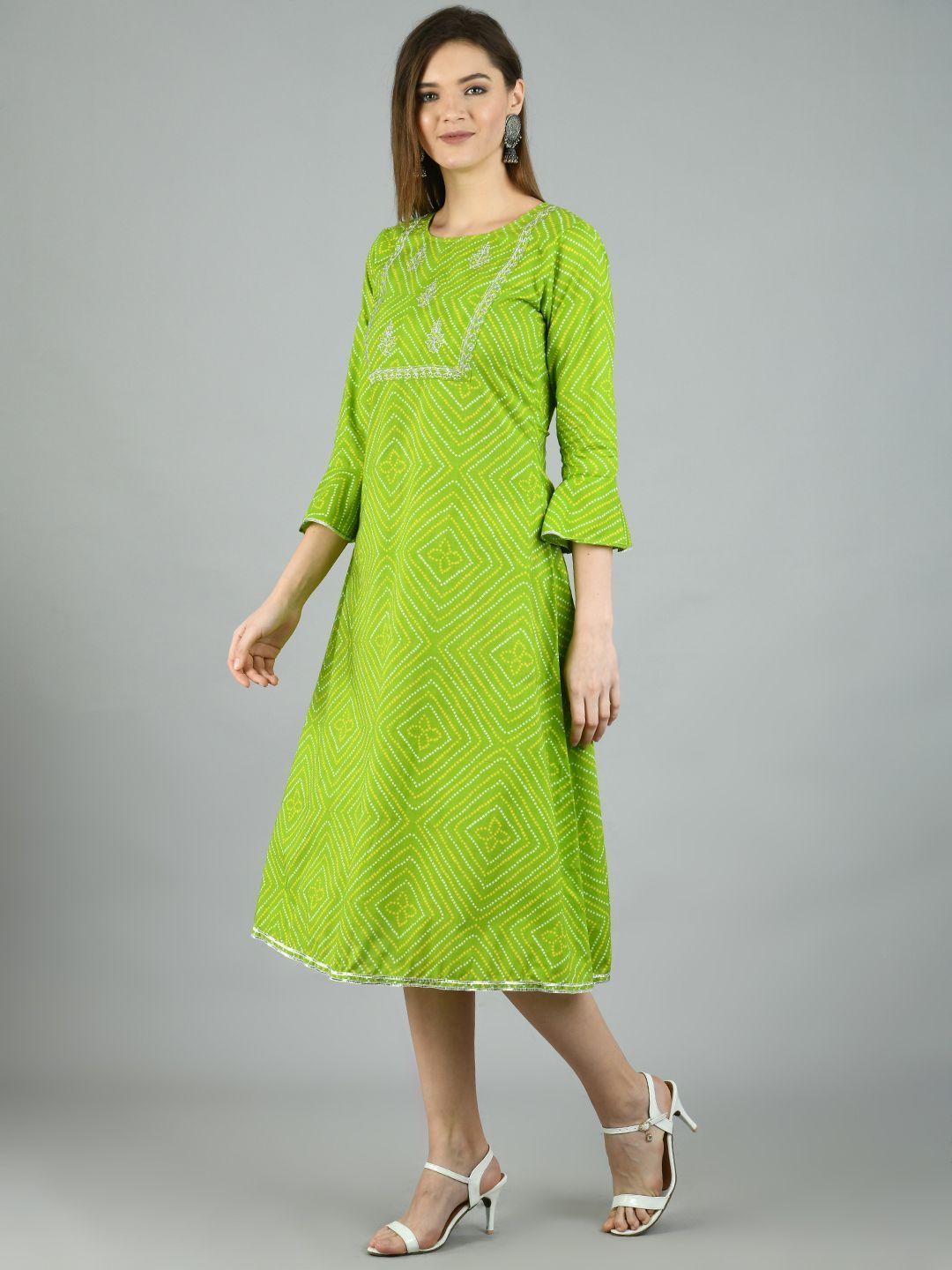 Women's Green Cotton Printed 3/4 Sleeve Round Neck Casual Dress