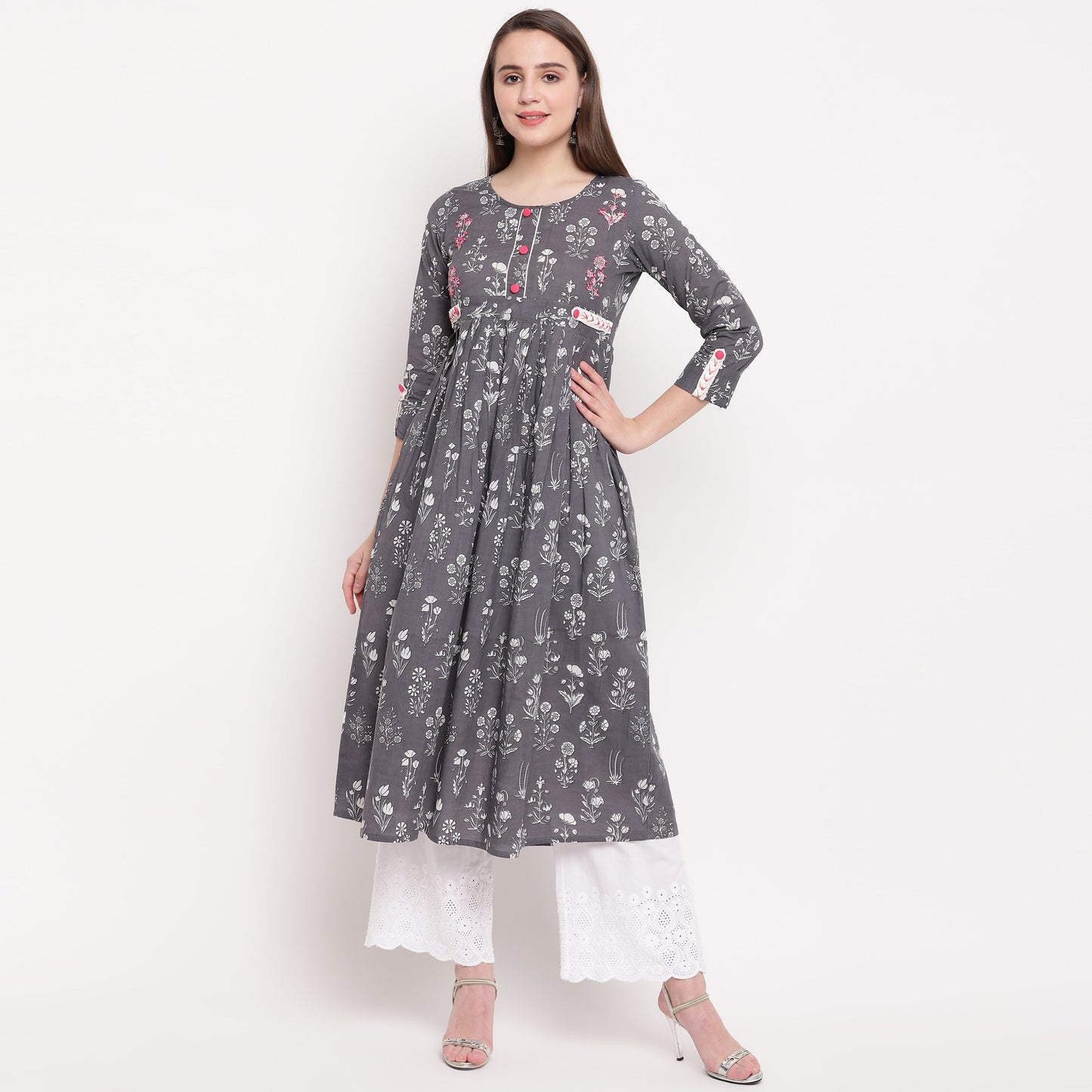 Women's Grey Anarkali Cotton Kurta By Vbu