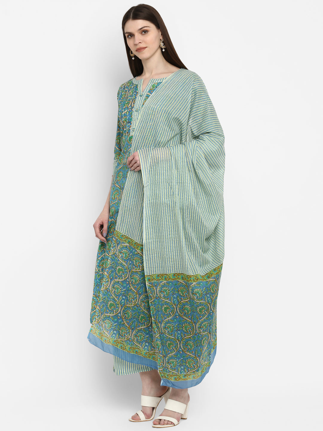 Women's Sky Blue Cotton Kurta With Palazzo & Dupatta By Vbuyz (3