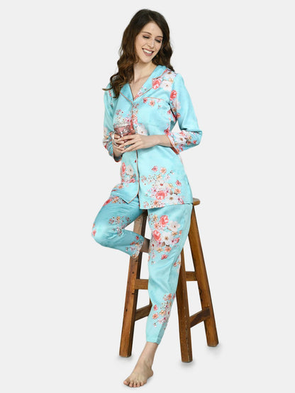 Women Sky Blue Printed Night Suit by Myshka (