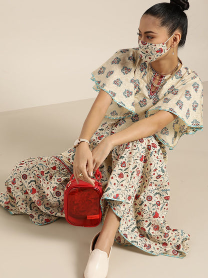 Women's Floral Print Tunic Sharara Set With Mask
