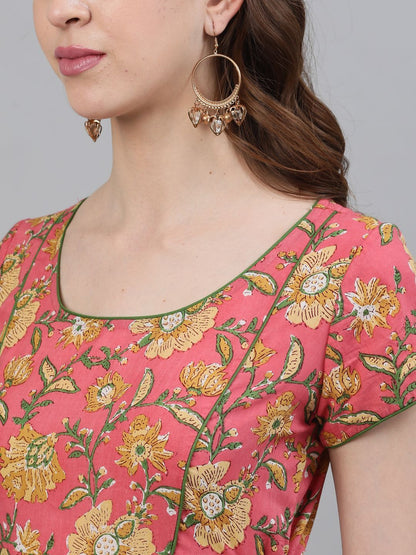 Women's Pink Floral Printed A-Line Kurta