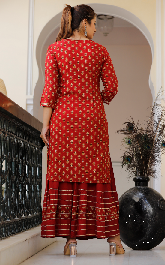 Women's Maroon Straight Kurta with Skirt And Dupatta
