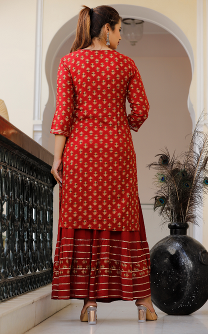 Women's Maroon Straight Kurta with Skirt And Dupatta