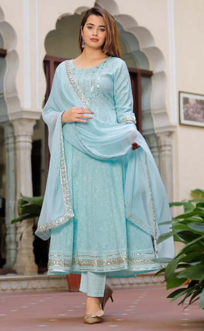 Women's Sky Blue Anarkali Embroidered Kurta With Pant And Dupatta Set